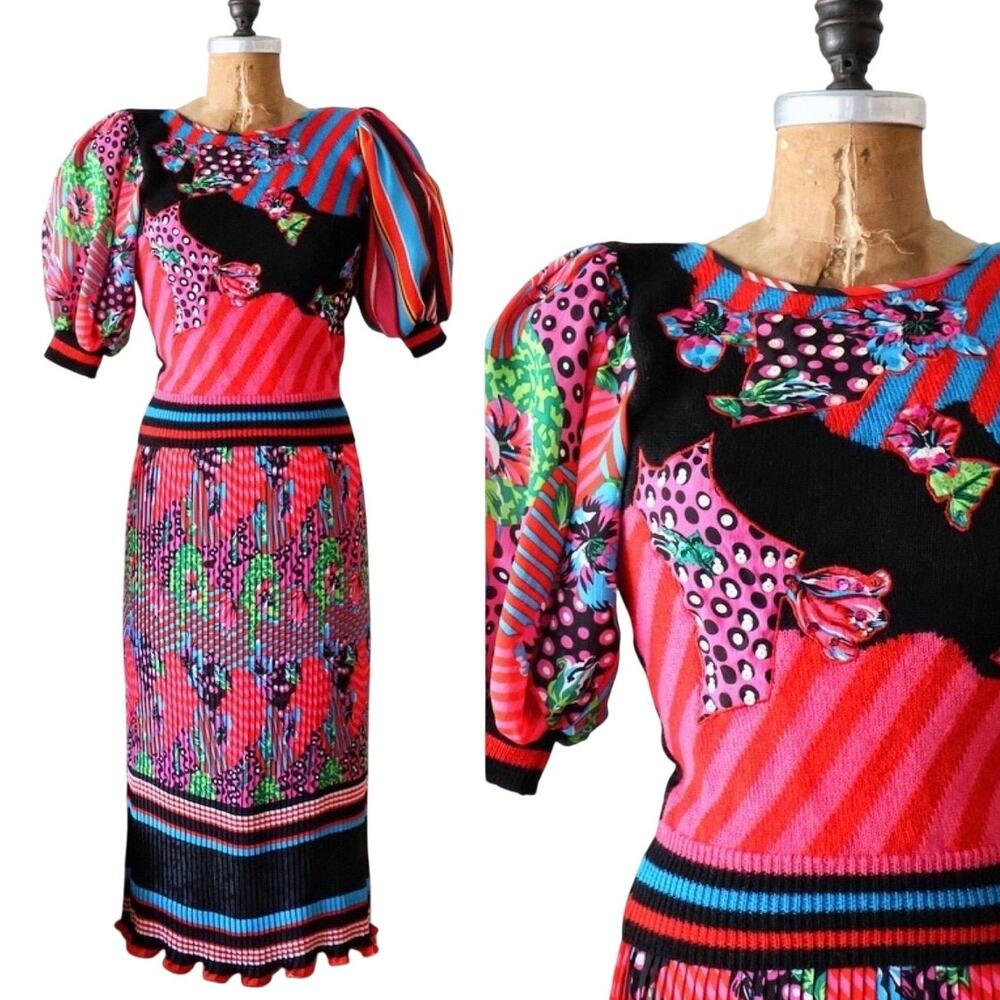 Vintage 1980s Diane Freis Knits Dress Set Abstract Sweater and pleated Skirt set